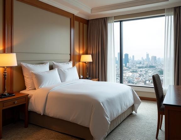 Deluxe Zimmer mit Kingsize-Bett und Blick auf die Stadt